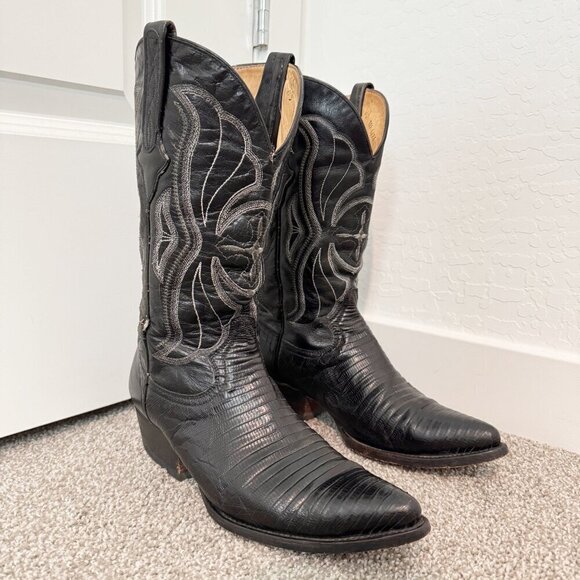 Cuadra Lizard Leather Pointed Toe Western Cowboy Boots Country Black Size 8.5 - Picture 1 of 9